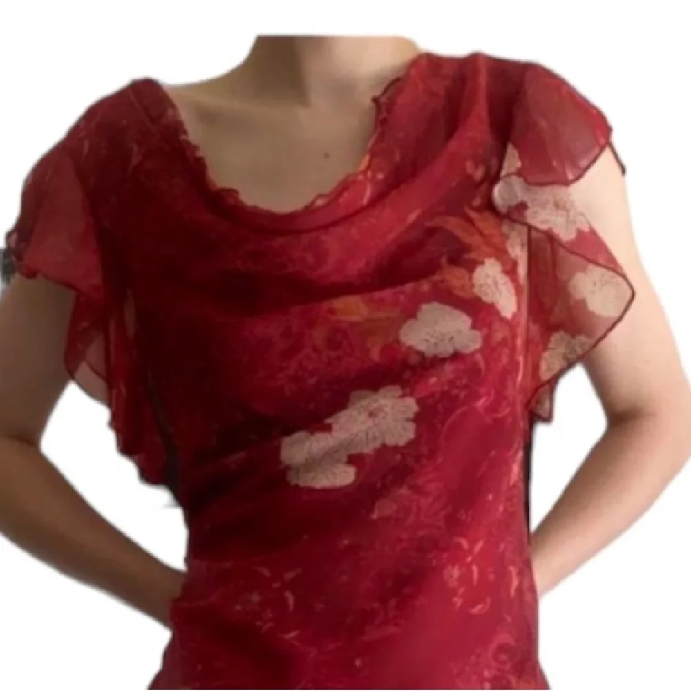 Alyn Paige Vintage Ruffled Scoop Neck Floral Asymmetric Midi Dress Size 11/12 - Picture 3 of 7